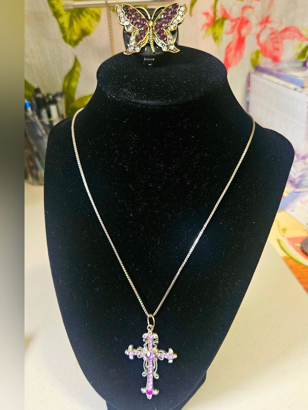 Gothic Cross Pendant Necklace Purple Stones Good Length Comes With Badge Holder